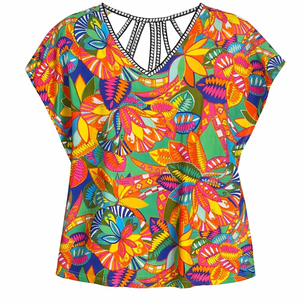 Trina Turk Multicolor Tropical Print Top V-Neck blouse or swimsuit cover Size S